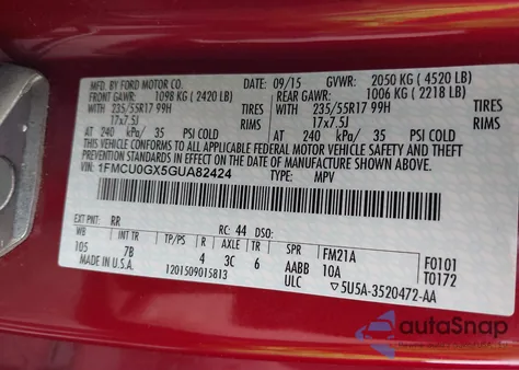 2016 Ford Escape Se z USA, uszkodzony, nr VIN 1FMCU0GX5GUA82424